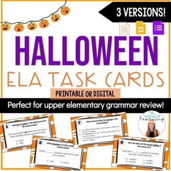 Preview of Halloween Grammar Task Cards | Fall Digital ELA Task Cards | Print & Digital!