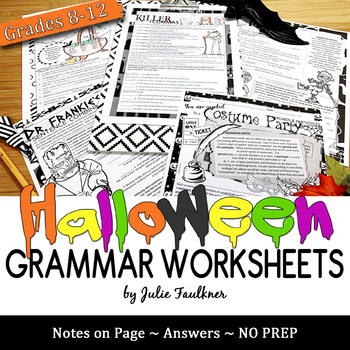 Preview of Halloween Grammar Worksheets, NO PREP, Middle and High School
