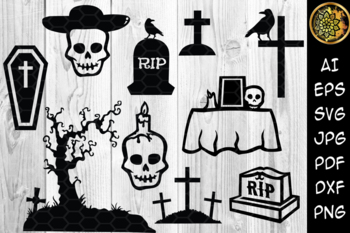 Preview of Halloween Graveyard Silhouette Clip Art