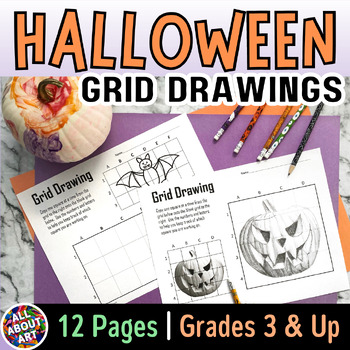 Preview of Halloween Grid Drawing Worksheets - Grid Method October Art Projects