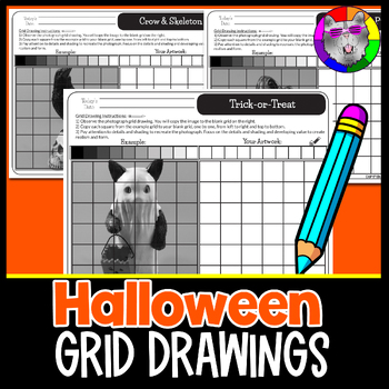 Preview of Halloween Grid Drawings, Drawing and Shading Worksheets, 5th to 8th Grade