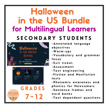 Preview of Halloween High School Lesson Plan Bundle Google Slides Newcomer + ALL Levels