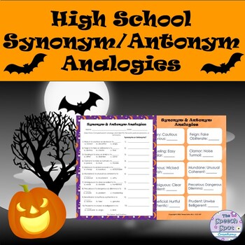 Preview of High School Halloween Synonym & Antonym Analogies Worksheet