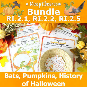 Preview of Halloween History Bats Pumpkins 2nd Grade Reading Bundle RI.2.1, RI.2.2, RI.2.5