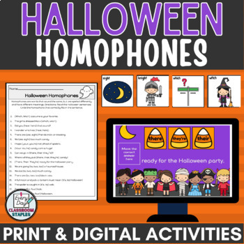 Preview of Halloween Homophones Worksheets and Digital Activities plus matching cards