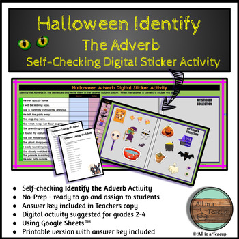 Preview of Halloween Identifying Adverbs Digital Sticker Reveal Activity + pdf version