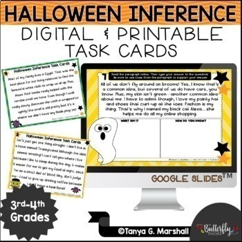 Preview of Halloween Inference Task Cards October Reading Center Halloween Activities