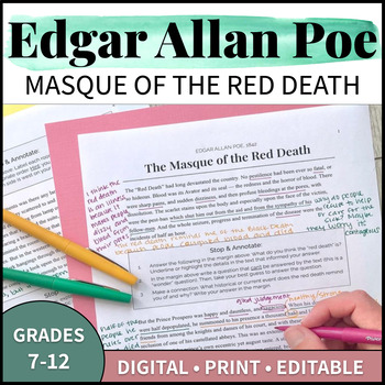 Preview of Masque of the Red Death Edgar Allan Poe Halloween Inferences Middle School ELA