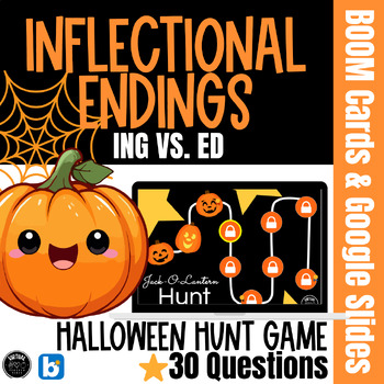 Preview of Halloween Inflectional Ending (ing & ed) Game in Google Slides & Boom Cards