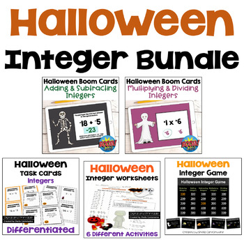 Preview of Halloween Integer BUNDLE with Worksheets, Task Cards, BOOM Cards and Game