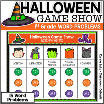 Preview of Halloween Math Digital Game Show 1st Grade Addition & Subtraction Word Problems