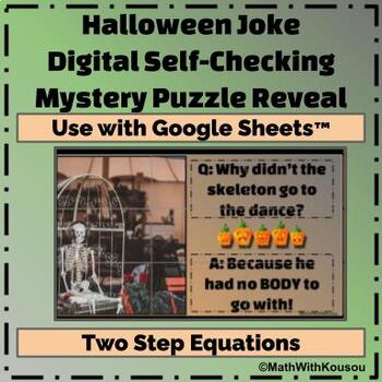 Preview of Halloween Joke Digital Self Checking Two Step Equations Puzzle - Math