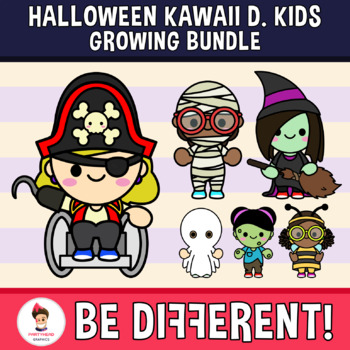 Preview of Halloween Kawaii Diverse Kids Growing Bundle Clipart