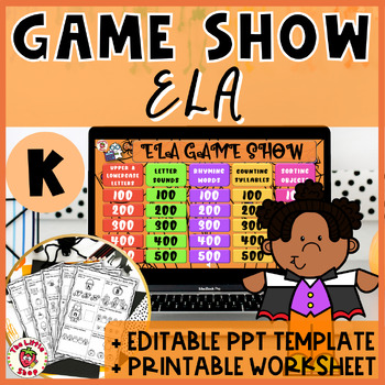 Preview of Halloween Kindergarten ELA Game Show - PowerPoint Game + Printable Worksheet