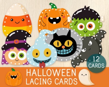 Preview of Halloween Lacing Cards, Fine Motor Skills, Montessori Tying Activity, Fall