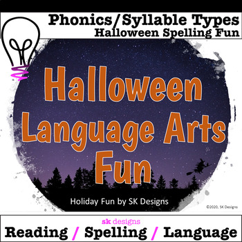 Preview of Halloween Language Arts Riddles Syllables Spelling Game w Google Slides™ Option