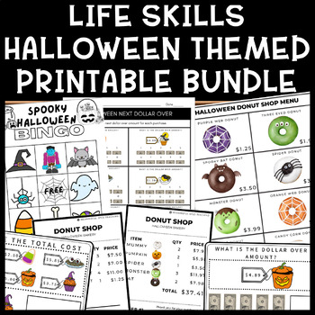 Preview of Halloween Life Skills Bundle Printable Worksheets & Task Cards Special Edu.