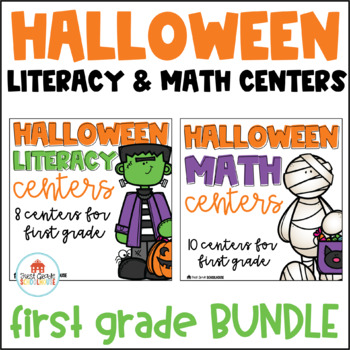Preview of Halloween Literacy and Math Centers First Grade Bundle