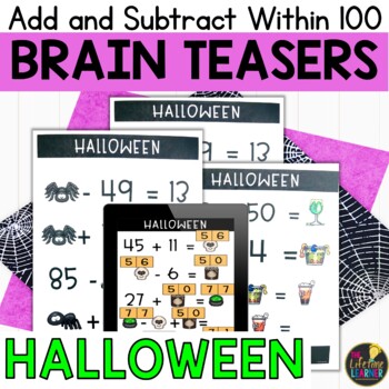 Preview of Halloween Logic Puzzles 2nd Grade Brain Teasers Addition and Subtraction to 100