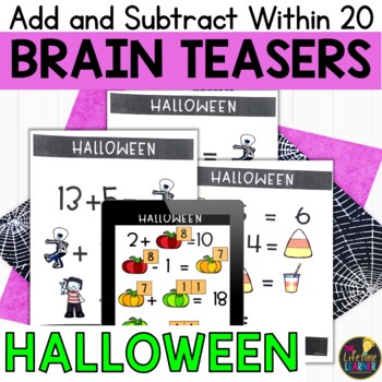 Preview of Halloween Logic Puzzles First Grade Brain Teasers Addition and Subtraction to 20