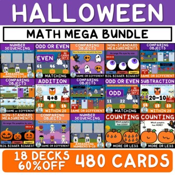 Preview of Halloween MATH BUNDLE | Counting More or Less Basic Operations | 18 Decks