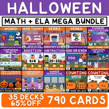 Preview of Halloween MATH and ELA BUNDLE 790 Cards 35 Decks Boom Learning Cards
