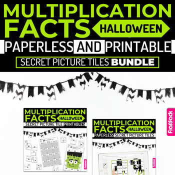 Preview of Halloween MULTIPLICATION FACTS Paperless + Printable Secret Picture Tiles SET