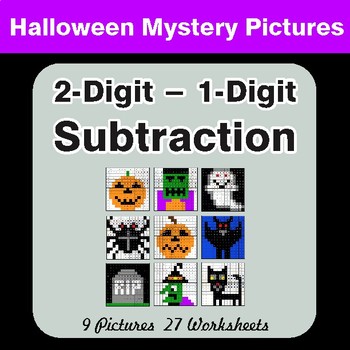Halloween Math: 2-Digit - 1-Digit SUBTRACTION - Color-By-Number Math Mystery Pictures