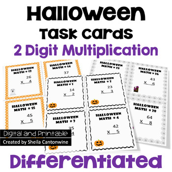 Preview of Halloween Math 2 Digit Multiplication Task Cards - Differentiated