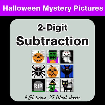Halloween Math: 2-Digit SUBTRACTION - Color-By-Number Math Mystery Pictures