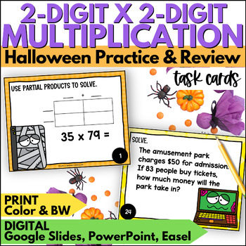 Preview of Halloween Math 2 Digit by 2 Digit Multiplication Task Cards Activities - October