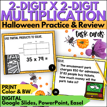 Preview of Halloween 2 Digit by 2 Digit Multiplication Task Cards Practice Review Activity
