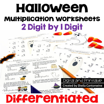 Preview of Halloween Math 2 digit by 1 digit Multiplication Worksheets - Differentiated