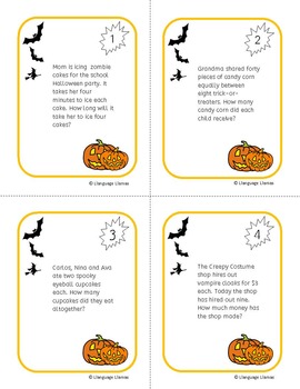 Halloween Math - multiplication and division word problem task cards