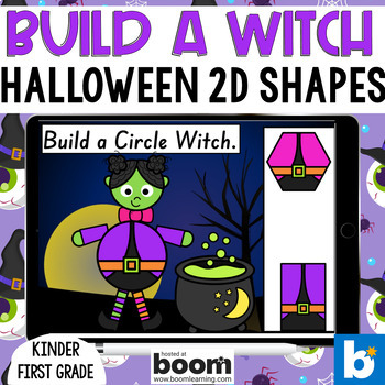 Preview of Halloween Math 2D Shape Build a Witch Boom Cards™ Kindergarten & First Grade