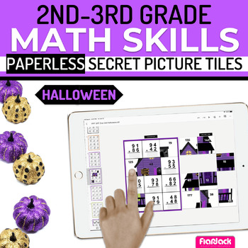 Preview of Halloween Math 2nd-3rd Paperless Google Slides PowerPoint Secret Picture Tiles