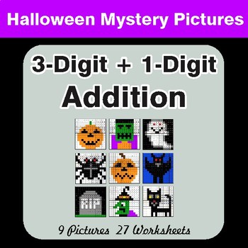 Halloween Math: 3-Digit + 1-Digit Addition - Color-By-Number Math Mystery Pictures
