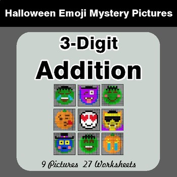 Halloween Math: 3-Digit Addition - Color-By-Number Math Mystery Pictures