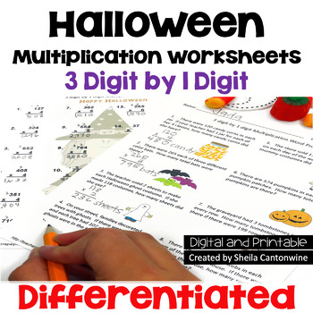 Preview of Halloween Math 3 digit by 1 digit Multiplication Worksheets - Differentiated