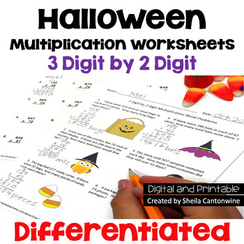 Preview of Halloween Math 3 digit by 2 digit Multiplication Worksheets - Differentiated