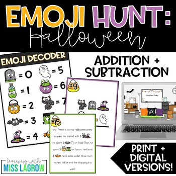 Preview of Halloween Math 3rd Grade Addition and Subtraction Emoji Hunt Activity