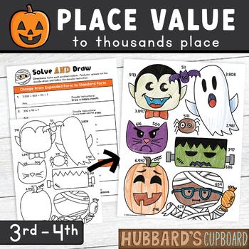 Preview of Halloween Math Place Value to 1,000 / Activities - Worksheet - Craft / 3rd Grade