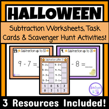 Preview of Halloween Math Activities Subtraction Worksheets Task Cards Math Write the Room