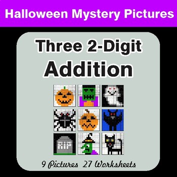 Halloween Math: Adding Three 2-Digit Addition - Color-By-Number Math Mystery Pictures