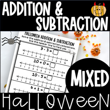Preview of Halloween Math Addition & Subtraction Number Line Worksheets Kindergarten