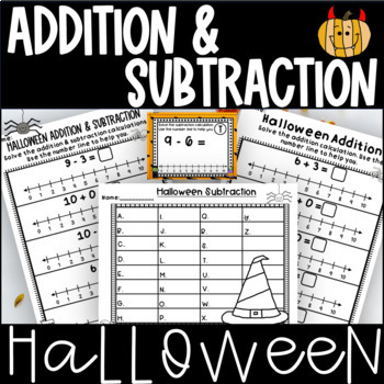 Preview of Halloween Math Addition Subtraction Worksheets Task Cards 