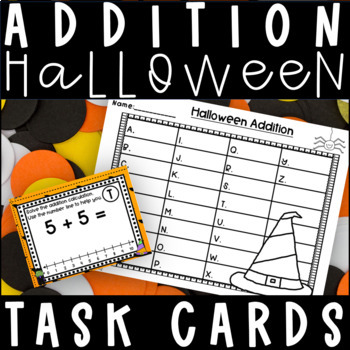 Preview of Halloween Math Addition with a number line Task Cards Kindergarten 