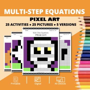 Preview of Halloween: Algebra Multi-Step Equations Pixel Art Activity