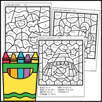 halloween math color by code pictures double digit addition subtraction