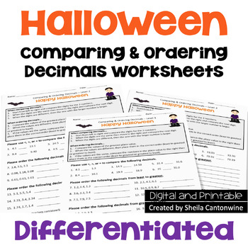 Preview of Halloween Math Comparing and Ordering Decimals Worksheets - Differentiated